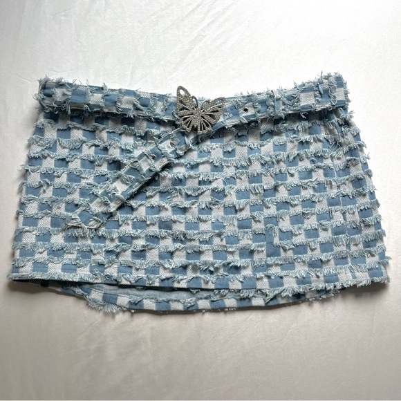 ELSIE & FRED blue denim check frayed distressed y2k butterfly belted mini skirt - Picture 1 of 5